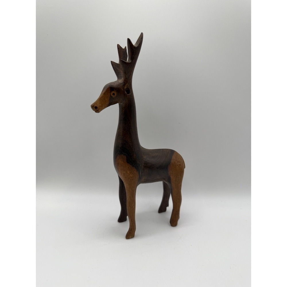 Vintage Hand Carved Wooden Deer Figurine Folk Art Buck 7" Rustic READ